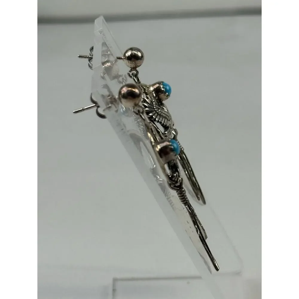Southwest Style Sterling Silver Pierced Earrings Turquoise Feathers Eagle